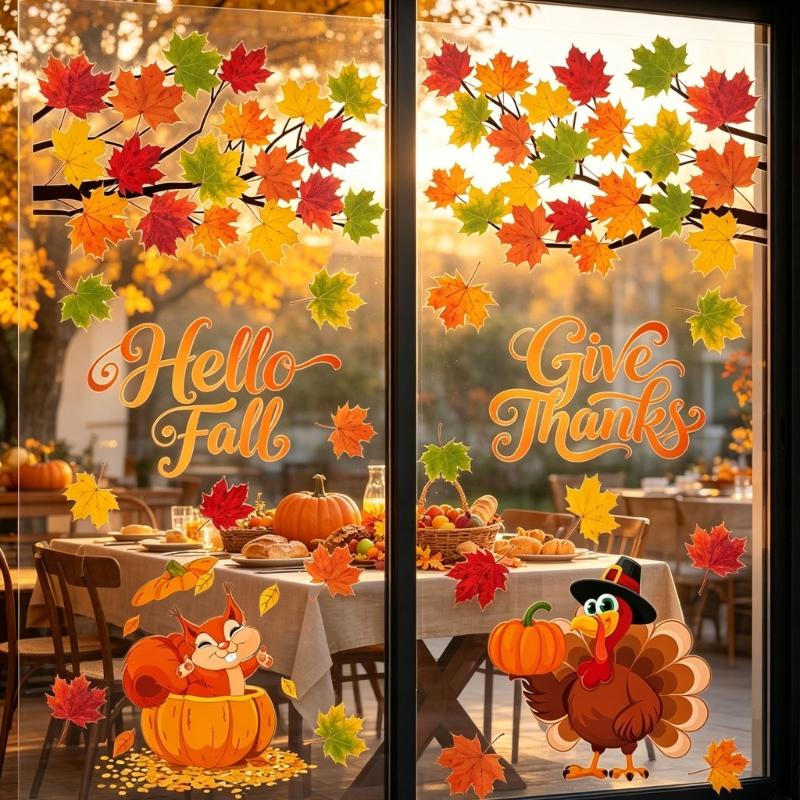 PVC Fall Window Clings, 6-Sheet Thanksgiving Collection with Turkey, Harvest Motifs, and Seasonal Lettering for Smooth Glass Displays
