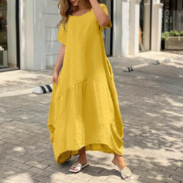Summer Fashion Women V Neck Loose Cotton Linen Dress Oversized Long Maxi Dress Short Sleeve Female S-5XL