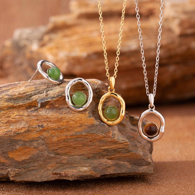 Natural Sea Pattern Stone Hetian Jade Pearl Colored Treasure Necklace Women'S S925 Sterling Silver Pendant Simple Fashion Design Jewelry