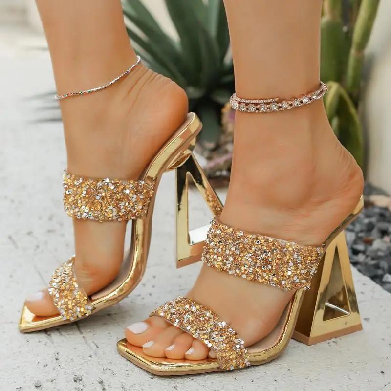 Fashion Luxury Gold Glitter Strap Square Toe Sandals Women Brand Design Strange Heels Slippers Women Shiny Rhinestone Party Dress Shoes