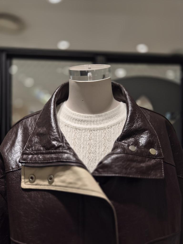 Color-Block High Neck Leather Jacket D254PSG261