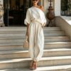 Damen 2-teilige Outfits Kurzarm Off-Shoulder Pullover Oberteil und Lockere Haremshosen Set Sommerurlaub Loungewear Sets