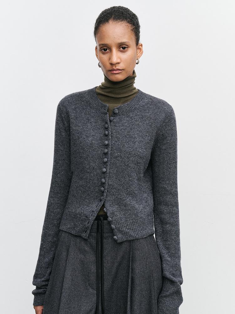 Women's Fashionable Multi-Button Cashmere Wool Knit Cardigan with Layered Crew Neck