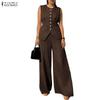 ZANZEA Women Sleeveless Vest Tops and Pants Stripe Print Two Piece Suit Sets