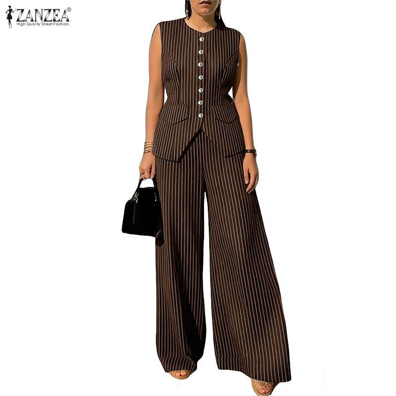 ZANZEA Women Sleeveless Vest Tops and Pants Stripe Print Two Piece Suit Sets