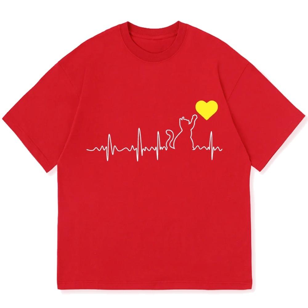 Fashion Cat Heartbeats Printed Cotton casual T-shirt Unisex Short Sleeve Round Neck Valentine's Day Couple Tees Tops