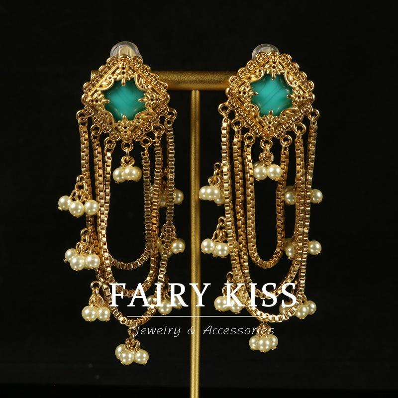 Серьги и Колье Набор Покрытые Настоящим Золотом Длинная Кисточка Геометрический Квадрат Ретро с Бирюзой