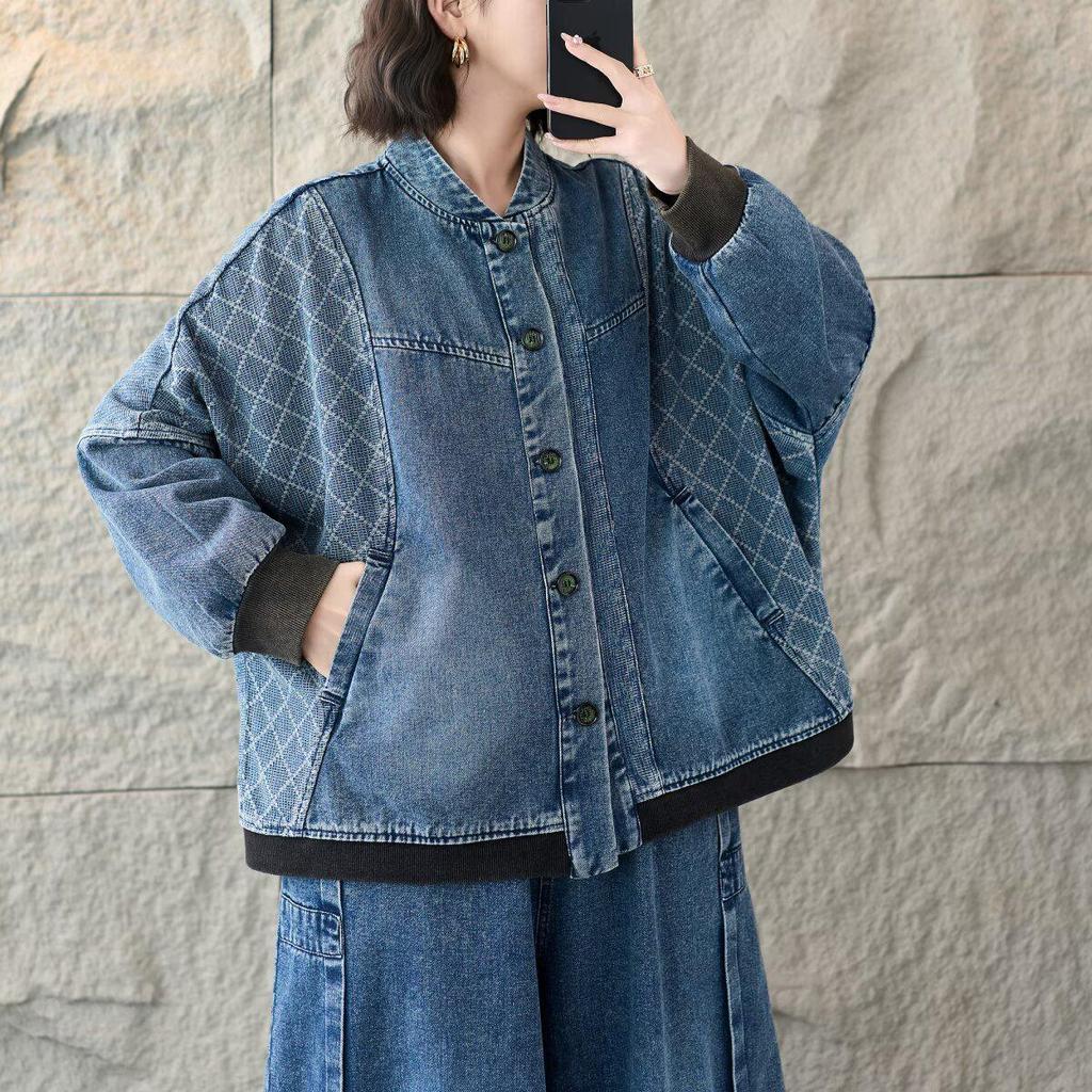 Artistic Loose-Fit Denim Jacket - Spring 2026 New Arrival, Stand Collar, Patchwork, Long Sleeve, Plus Size Fashion Top