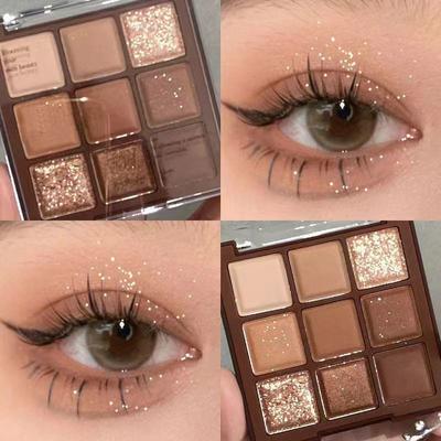 Schokoladen-Jiugong-Gitter-Lidschatten-Tablett, glitzernde, perlmuttartige, matte Grundfarbe, reines Nude-Make-up, erschwinglicher Lidschatten in neun Farben für Studenten
