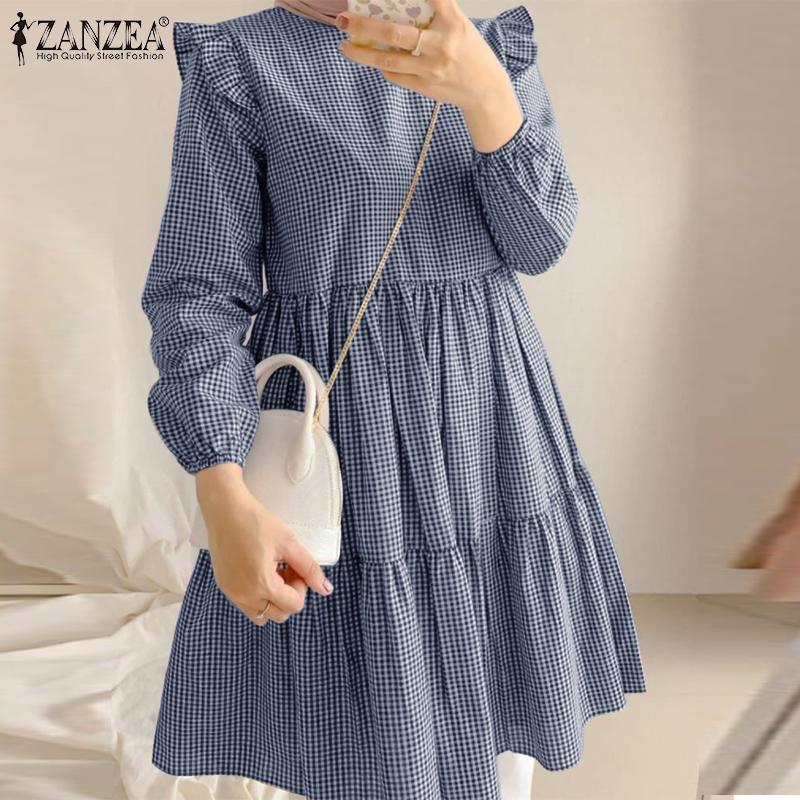 

ZANZEA Женская повседневная свободная блузка с круглым вырезом и длинным рукавом с сетчатым принтом