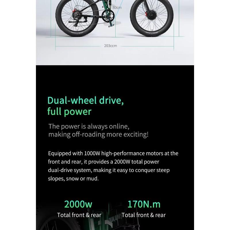 LANKELEISI BST-6 2000W Dvoumotorové E-kolo, 48V 17,5Ah Baterie, 26x4.0 Tlusté Pneumatiky, Plné Odpružení, Dojezd 120KM