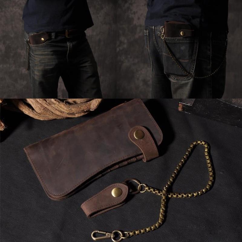 Men's Long Wallet Genuine Leather Vintage Bronze Chain Waist Chain Multi-Card Slots Billfold Wallet With Shoulder Strap For Men