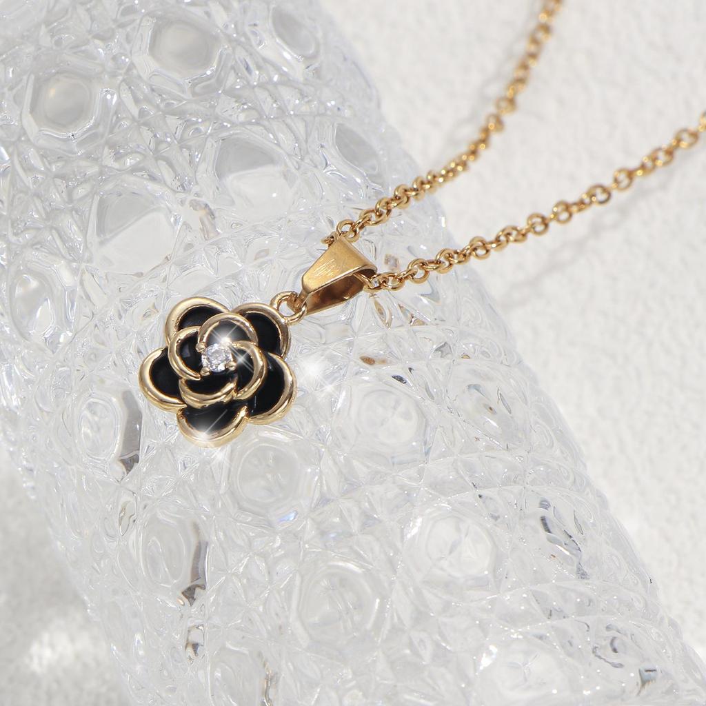 Gold-Plated Clavicle Chain Necklace with Black Enamel Camellia & Center Zirconia