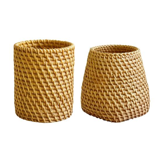 Huaqianguhh Faux Rattan Pen Holder, Woven Style Makeup Brush Boho Desktop Organizer, Multi-functional Resin Pencil Cup for Home Office