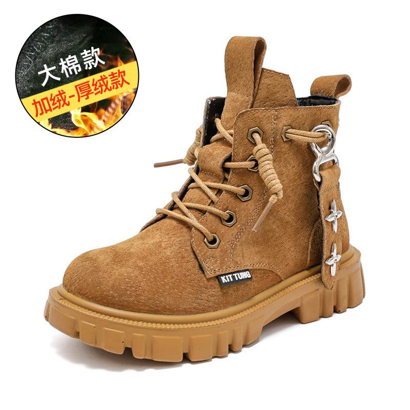 Fashion retro children's Martin boots autumn and winter new leather single boots velvet British style casual non-slip boys short boots