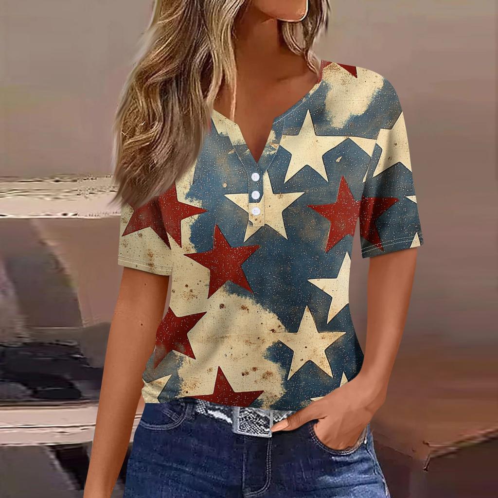 Dámské tričko Tričko Potisk knoflíku Krátký rukáv Denní víkend Móda Basic Top s výstřihem do V