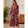 Women Vintage Print Long Sleeve Loose Round Neck A Line Long Dress