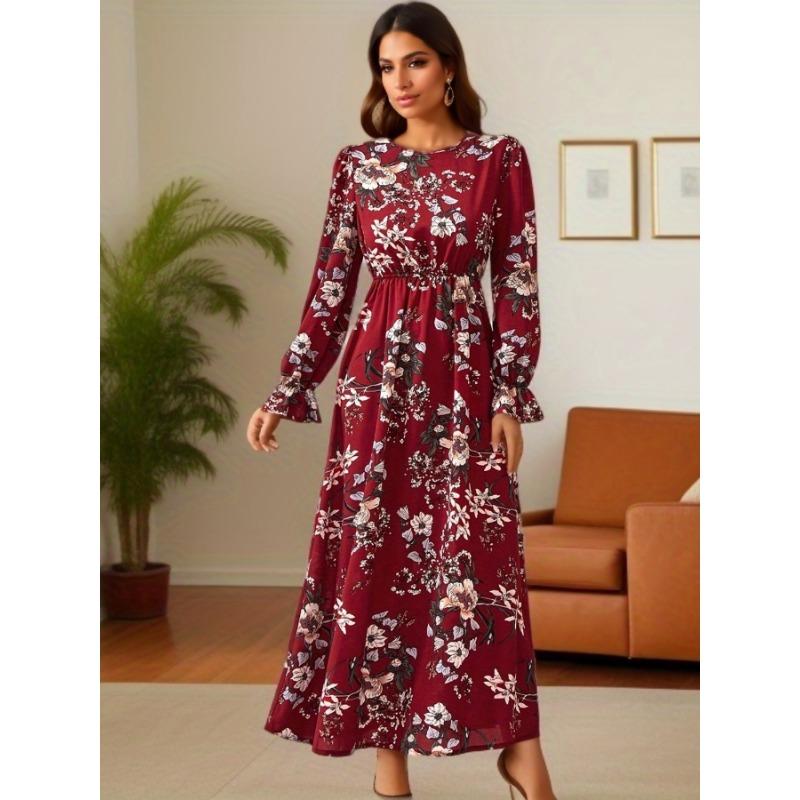 Women Vintage Print Long Sleeve Loose Round Neck A Line Long Dress