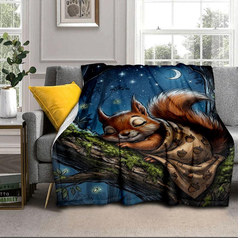 Squirrel Dreams Under Moonlight Blanket Flannel Blanket for Bed, Sofa, Camping, Hiking, Picnic Essentials, Gift for Family Fan Gifts