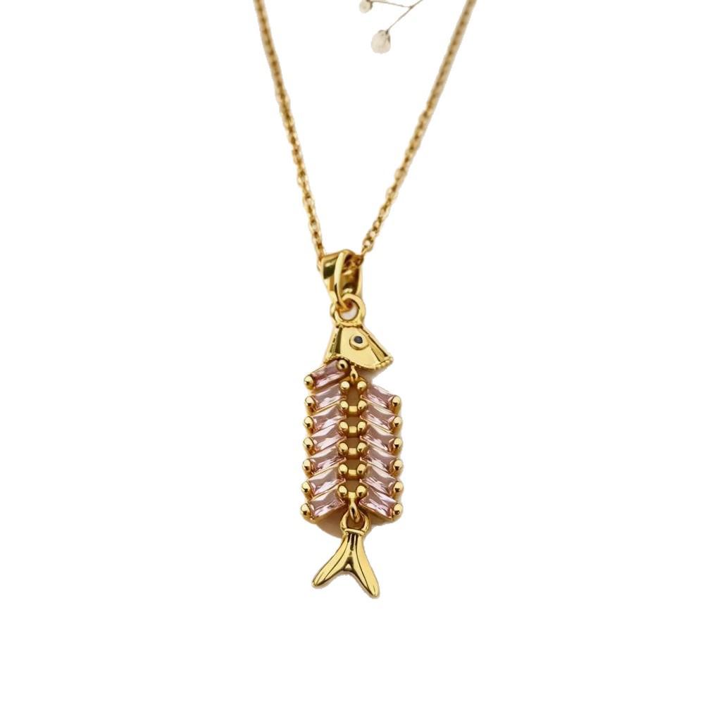Luxury Zircon Fishbone Pendant Necklace with Gold-Plated Clavicle Chain