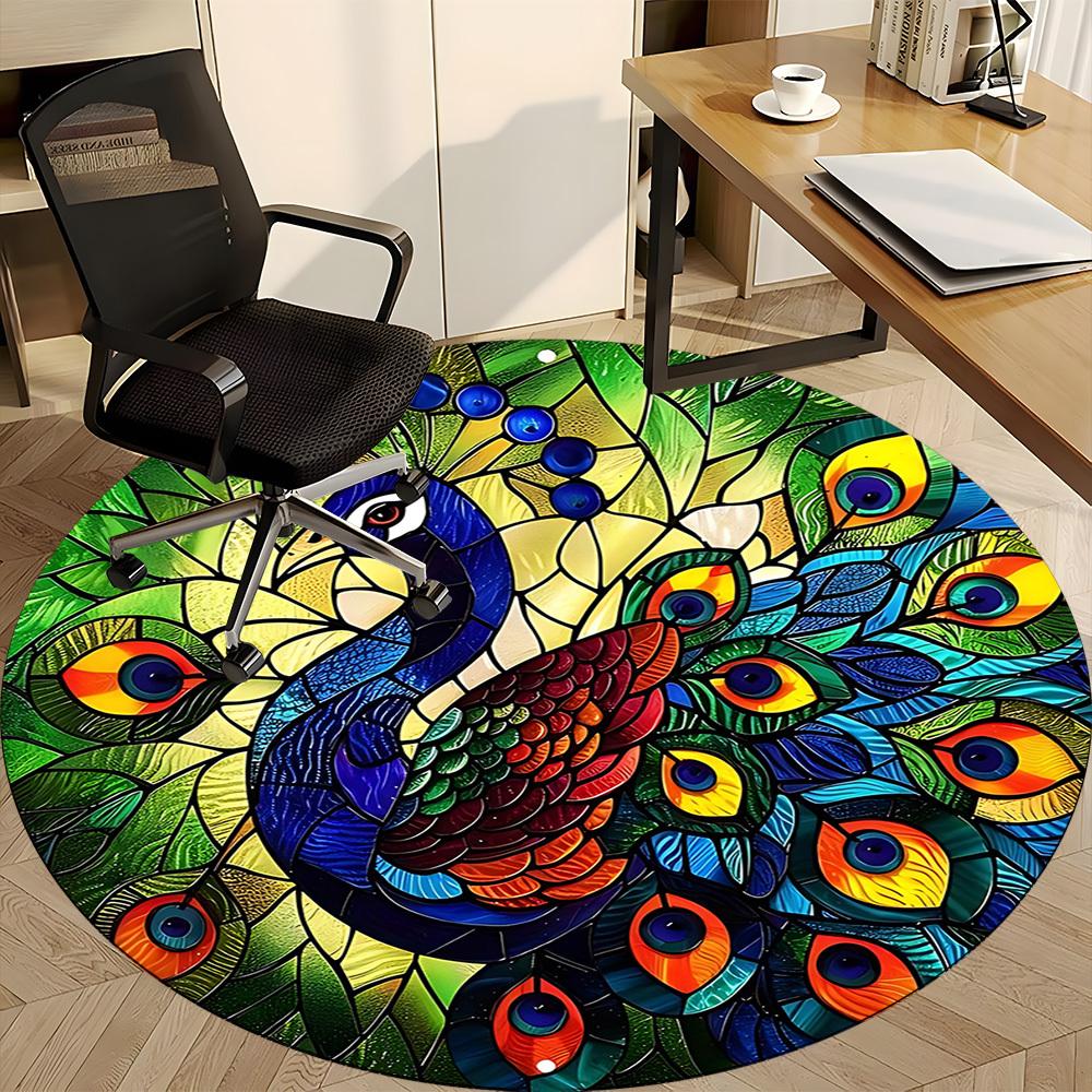 1pc Peacock StainedGlass Office Round Area Rug, Under Office Chairs Bedroom Living Room Home Decor, Room Deco