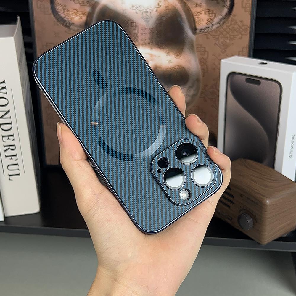 Luxury Carbon Fiber Texture Plating Case for iPhone 15 14 13 12 Pro Max For Magsafe Wireless Charging Magnetic Shockproof Cover