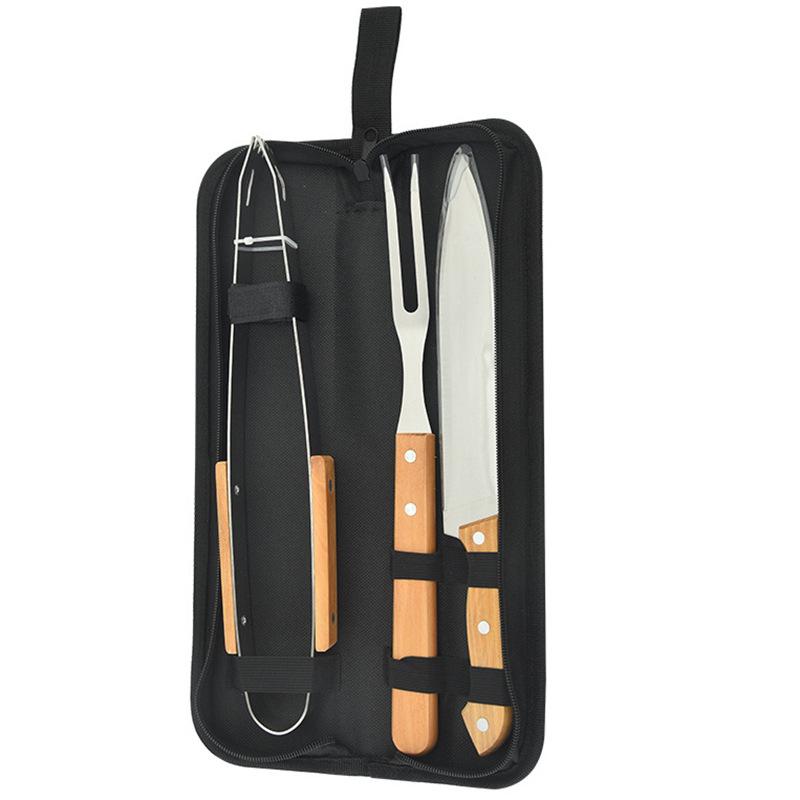 Outdoor BBQ Tool Set: Charcoal BBQ Tools with Wooden-Handled Kitchen Knife, Shovel, Fork, and Tongs.