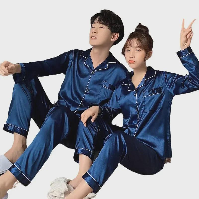 Unisexové korejské pyžamo z imitace hedvábí: Kardiganový set s dlouhým rukávem na jaro a podzim