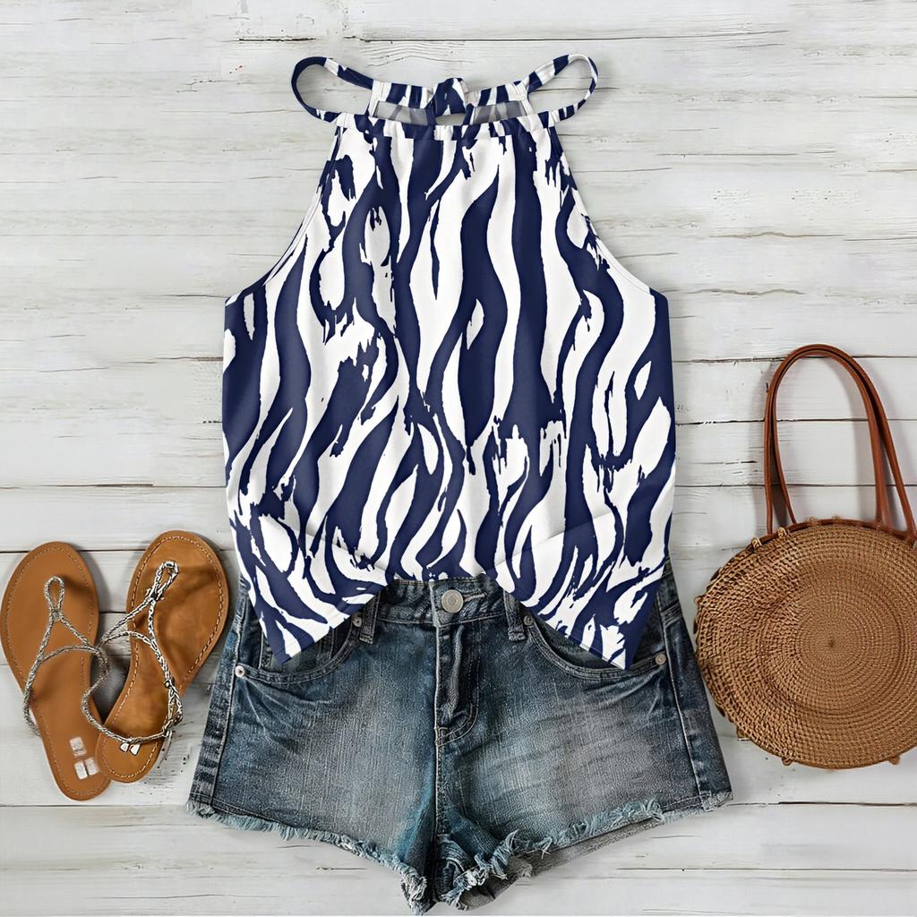 Women Sleeveless Bohemian Tank Top Geometric Print Casual Summer Beachwear Lightweight Blouse with Adjustable Straps and Back Button Closure