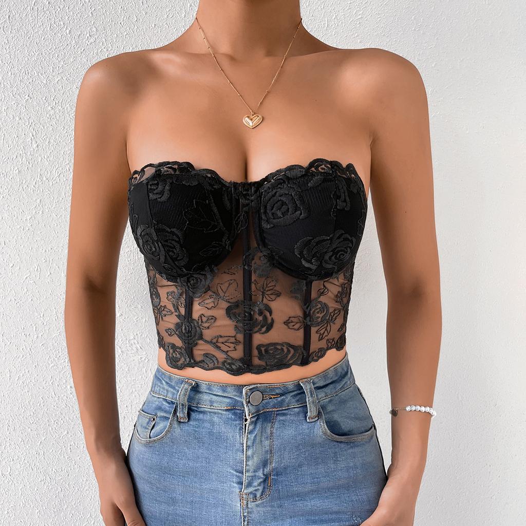 Výšivka Spliced ​​Lace Flower Sexy tílka dámská Fishbone slim Fit letní vesta pro ženy Camis s ocelovým prstenem Elegantní tílka bez ramínek 24443
