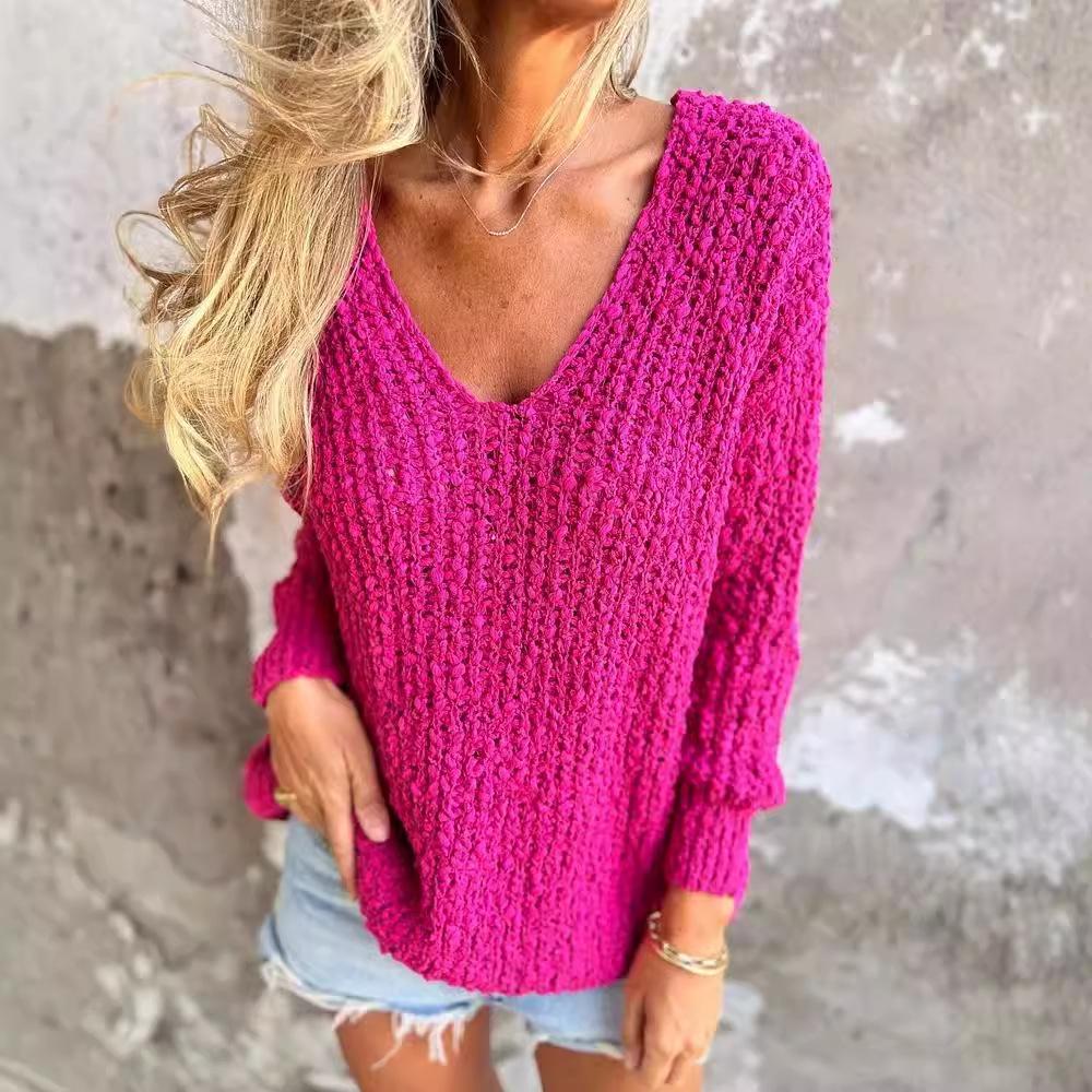 Autumn and Winter Women's Crewel Knit V-Neck Slouchy Long Sleeve Sweater