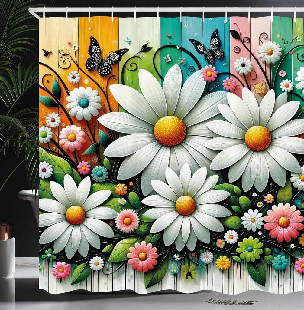 Hippie Shower Curtain, Daisy Look Flowers on Abstract Groovy Style Waves Retro 60s 70s Vibes, Cloth Fabric Bathroom Decor Set