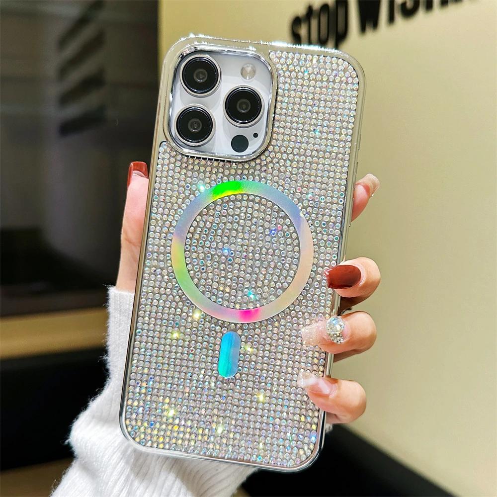 Full Diamond Rhinestones Laser Glitter Magnetic For Magsafe Case For iPhone 15 11 12 13 14 Pro Max Plus Charging Plating Cover