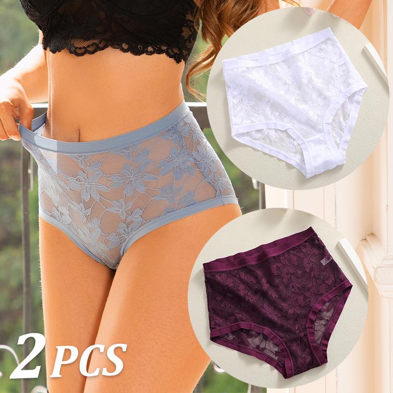 FINETOO 2Pcs Sexy Floral Lace Panties High Waist Lace Briefs Hollow Out See-Through Romantic Lingerie Fashionable Underpants Underwear