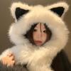 Thicken Integrated Cap Scarf Soft Hooded Scarf Trendy Plush Vixen Ear Beanie Hat  Winter