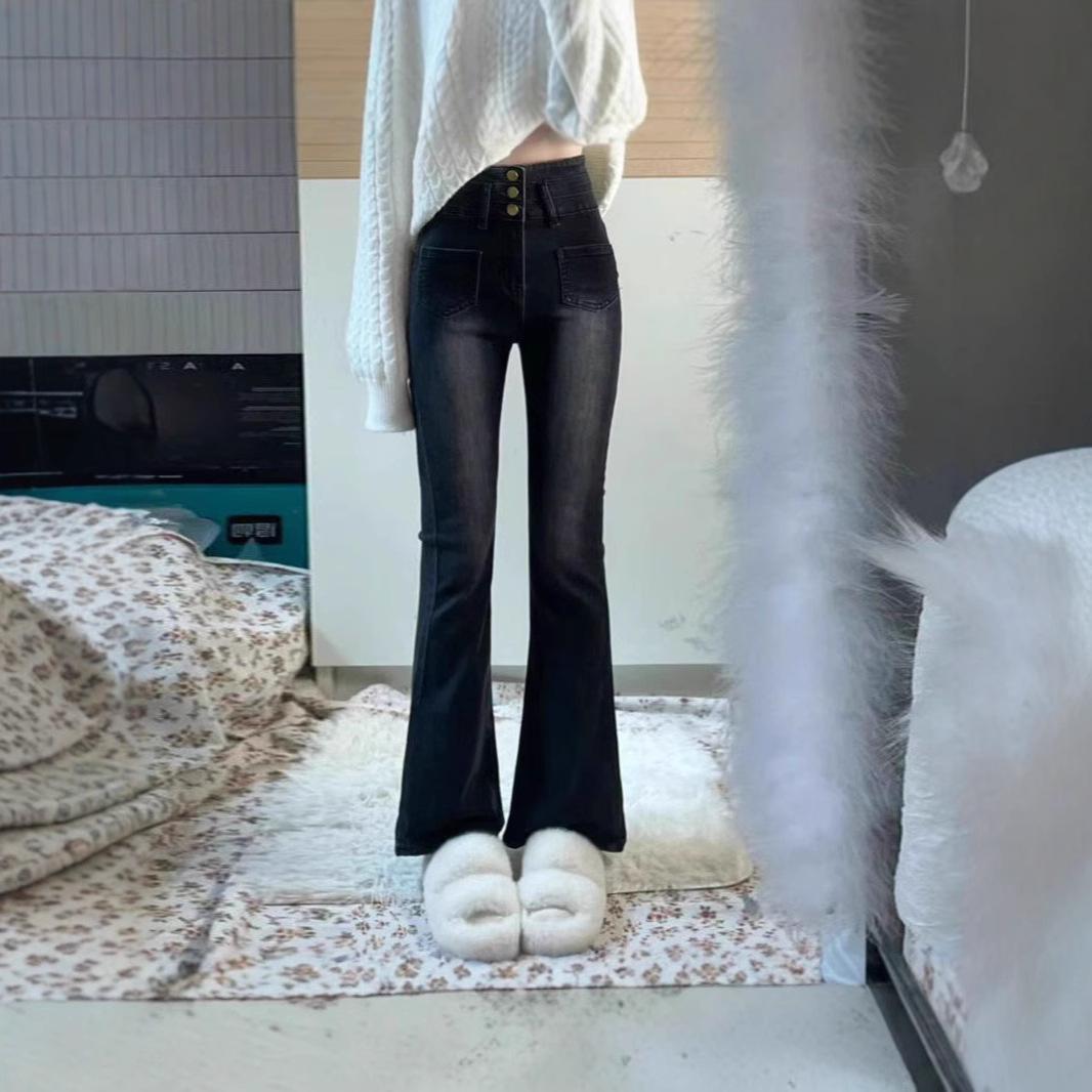 

Women s Plus Size High Waist Black Wide Leg Jeans - Spring/Autumn Slimming Elastic Micro Flare Pants Double Extra Large