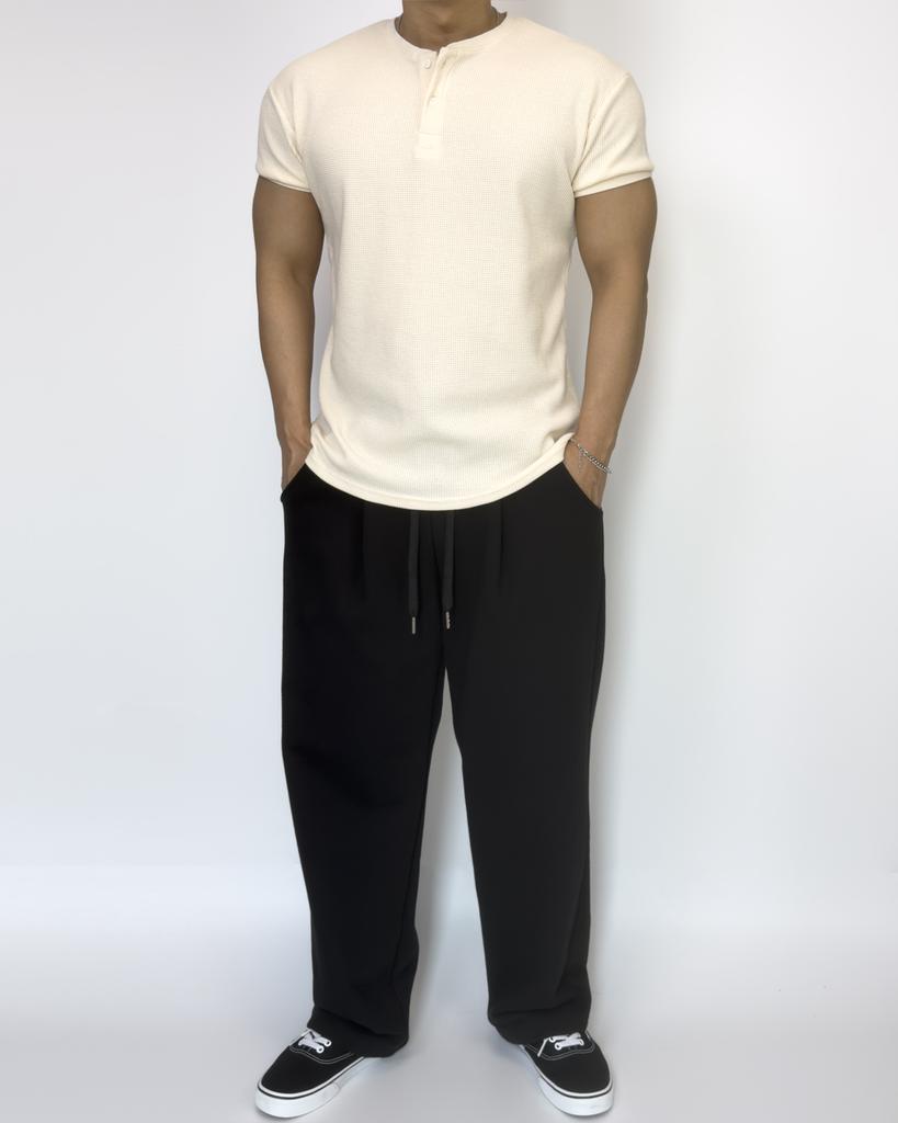 Pasiensia Muscle Fit Waffle Henley Neck Short Sleeve Ivory