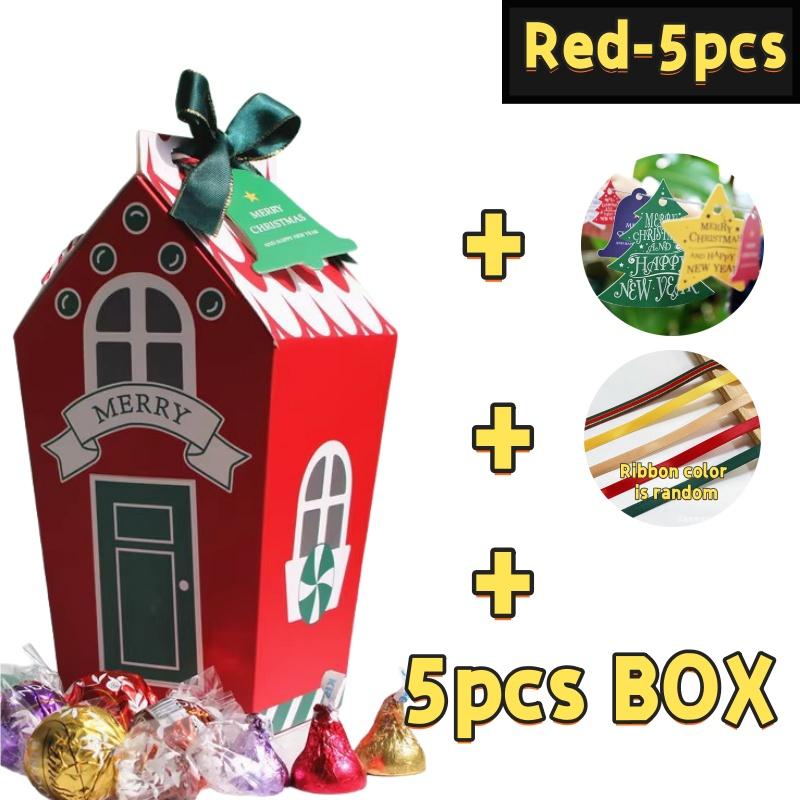 5/10Pcs Christmas Kraft Paper Gift Bags Sweets Candy Box Food Cookies Packing Xmas with Ribbons Cards Package Party Decoration