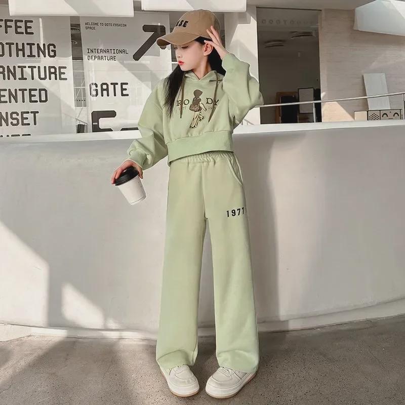 Girls' Spring/Autumn Letter Casual Hooded Sweatshirt & Trousers Set - Internet Celebrity Style Two-Piece Suit
