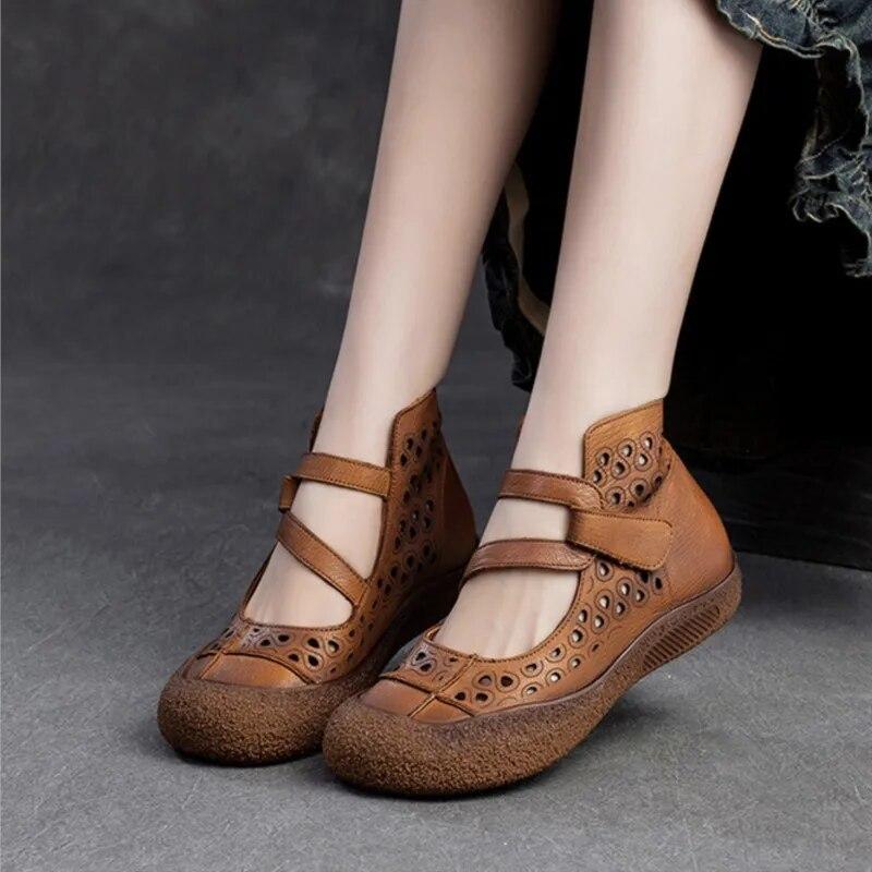Johnature Içi boş nefes alabilen sandalet hakiki deri Retro yumuşak taban rahat çok yönlü kadın ayakkabısı