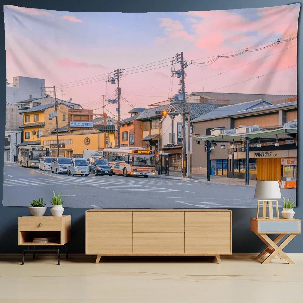 Kyoto Street Scene Tapestry  Sunset Over Traditional Buildings  Unique Wall Art for Home Decor Bedroom  Japan Lover Gift