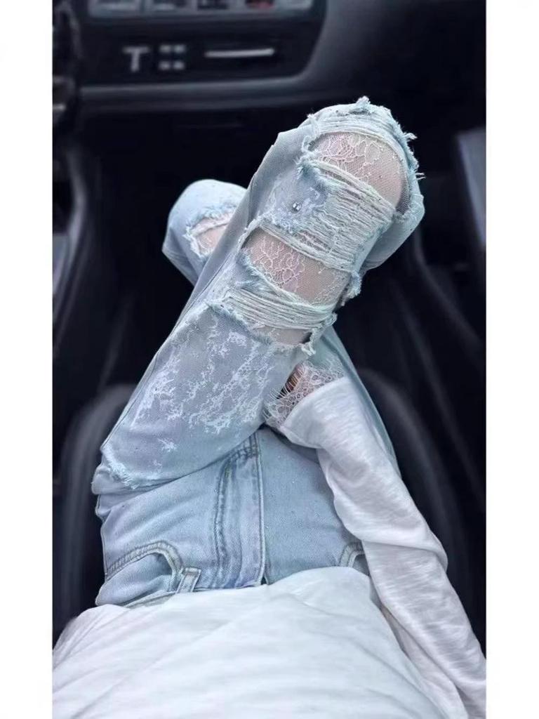 Light Blue Heavy-Duty Rhinestone Ripped Women's Jeans - 2026 Summer Loose Lace Design