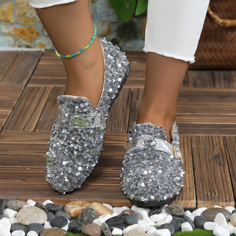 New Sequined Mary Jane Shoes Women's Large Size Belt Buckle Four-season Flat-soled Single Shoes Women