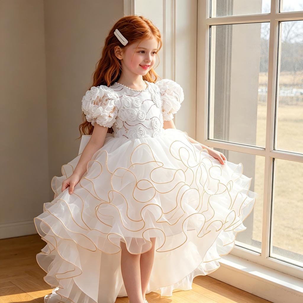 Rochie elegantă pentru copii cu mâneci bufante, broderii, o trenă și o fustă de prințesă pe straturi – perfectă pentru petreceri de ziua de naștere și ca rochie de domnișoară de onoare