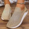 Women's Summer Sports Casual Shoes with Wedge Heels, Round Toe and Rhinestone Slip-on Shoes