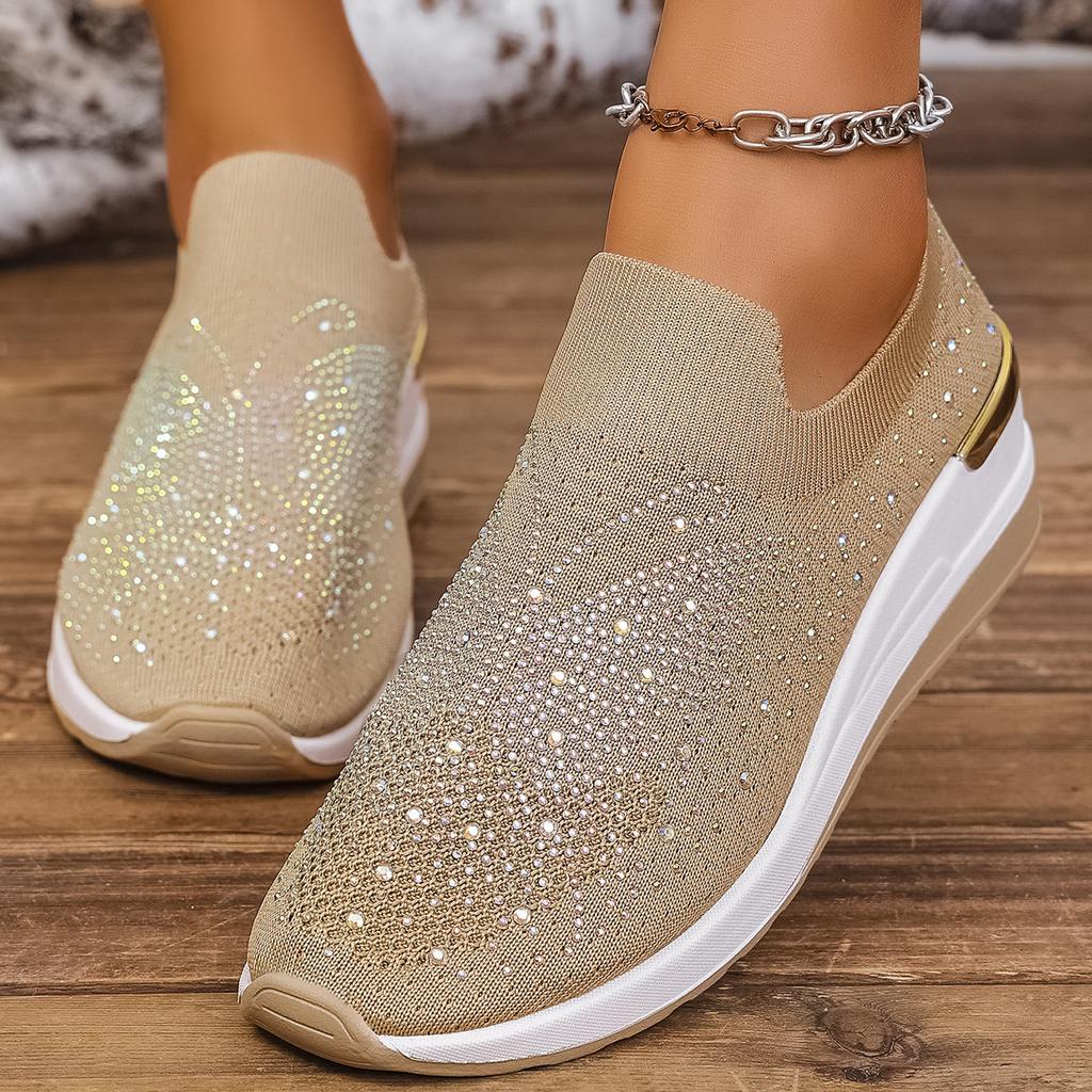 Women's Summer Sports Casual Shoes with Wedge Heels, Round Toe and Rhinestone Slip-on Shoes