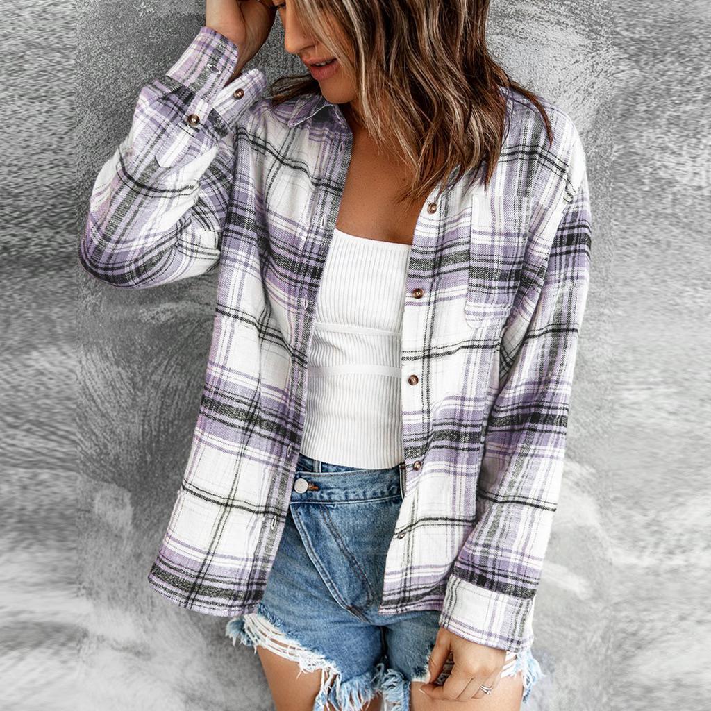 Women Loose Top Plaid Color Block Long Sleeve Casual Ladies  Blouse Coat Shirt Jacket