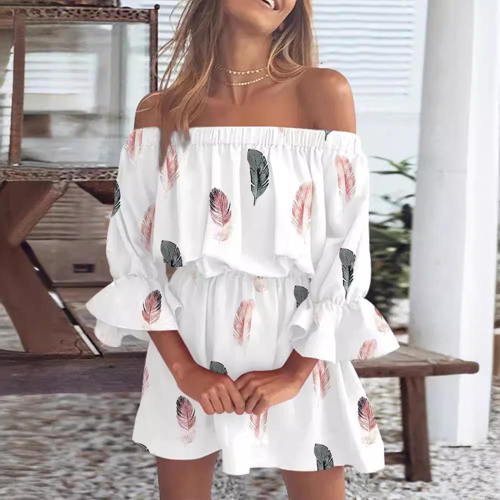 2026 European and American cross-border Amazon independent station sexy fashion one-word shoulder printing dress women's clothing, spot