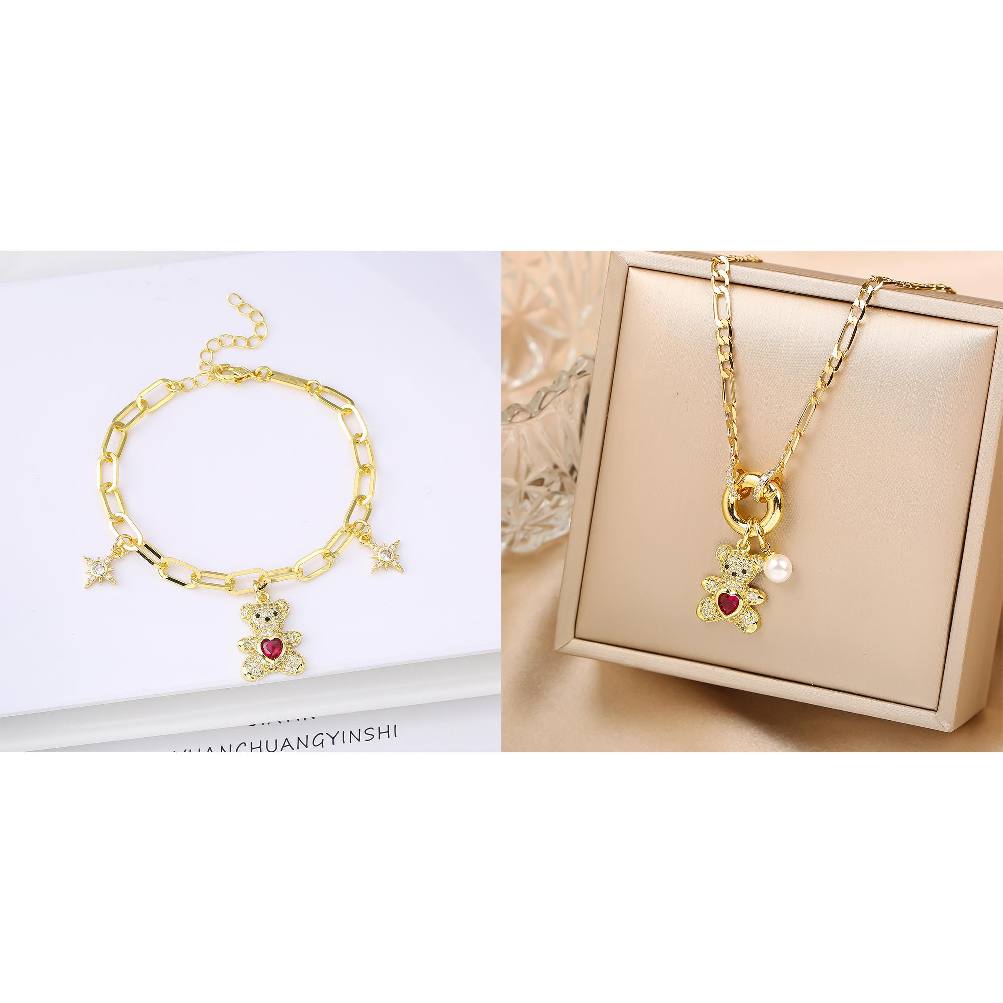 

Hot Sale 2PCS Animal Bear Zirconia Bracelet Zircon Necklace Set for Women Female Daily Party Crystal Zircon Girl Gift