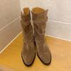 Short Boots Women Trend 2025 New Cow Suede Leather Buckle Cowboy Boots for Women Mid Calf Thick Heel Knight Boots Women's Shoes